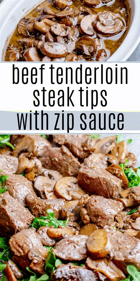 This beef tenderloin tips recipe smothered in zip sauce and mushrooms, and then layered over a bed of peppery arugula is simply AMAZING. Perfect for a special occasion or "just because" this recipe is a great way to indulge in a simple but delicious meal. This steak recipe and sauce have the absolute BEST flavor. Steak Philly Cheesesteak, Ideas For Steak, Zip Sauce Recipe, Tenderloin Tips Recipe, Zip Sauce, Beef Tenderloin Tips, Tenderloin Steak Recipes, Simple Beef Recipes, Beef Tenderloin Steak