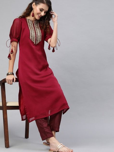 Maroon Silk blend Embroidered Kurta Pant Set - inddus-us Kurta Pant Set, Kurta Set, Pant Set, Puff Sleeves, Silk, Design