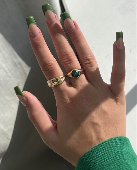 French Nails Ideas Green, Olive Green French Tip Nails Coffin, Green Mid Length Nails, Green Dainty Nails, Dark Green French Nails Square, Green Tip Nails Square, Olive Green French Tip Nails Square, Nails Acrylic Green French Tip, Green French Nails Square