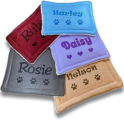 Amazon.com : Custom Catch Personalized Dog Mat - Gift for Crate Cushion, Puppy Sleeping Blanket, Kennel Bed Pad - Small - S - Gray, Purple, Blue, Maroon, Beige : Pet Supplies Dog Kennel Mats, Puppy Sleeping, Personalized Dog Beds, Cat Kennel, Dog Bed Mat, Bed Pads, Small Cushions, Paw Design, Dog Cages