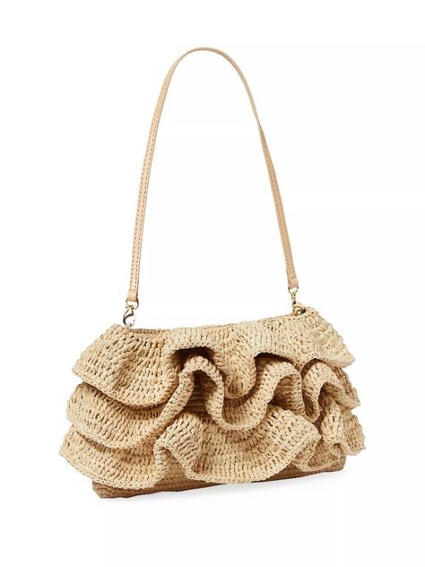 Loeffler Randall | Odette Tiered Ruffle Natural Raffia Clutch Raffia Clutch, Hand Bags For Women, Crochet Pouch, Crochet Clutch, Clover Green, Raffia Bag, Bow Heels, Luxury Designer Handbags, Crochet Tote