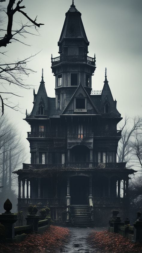 Gothic Style Buildings, Gothic House Aesthetic Exterior, Gothic Hotel Room, Modern Gothic Mansion, Gothic Front Yard, Dark Academia Exterior, Creepy House Aesthetic, Black Gothic House, Gothic Castle Exterior