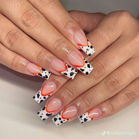 French Tip With Cow Print, Cow Print Nails French Tip, Cow Print French Tip Acrylic Nails, Cowprint French Tip Nail Design, Black French Tip Nails With Cow Print, French Tip Nails, Cow Print, French Nails, Nail Tips