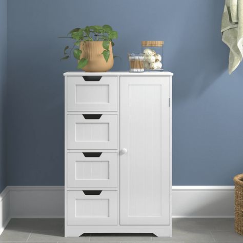 Costway Bathroom Storage Wooden 4 Drawer Cabinet Cupboard 2 Shelves Free Standing White Bathroom Storage Cabinet Freestanding, Wooden Bathroom Floor, Wooden Bathroom Storage, Bathroom Floor Storage Cabinet, Bathroom Floor Storage, Wooden Cupboard, Bathroom Floor Cabinets, Shelf White, Wooden Bathroom