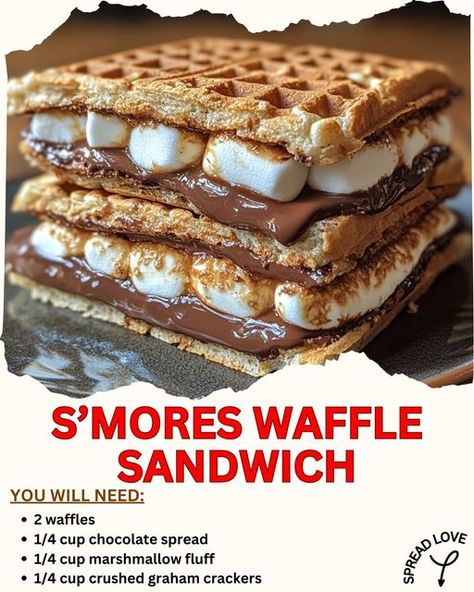 🔥🍫✨ The Ultimate S’mores Waffle Sandwich Experience ✨🍫🔥 Remember those magical campfire nights? The crackle of the fire, the gooey marshmallow, and that first bite of sweet, melty s’mores? 🌌 Well, here’s a way to capture that magic in just 5 minutes—no flames needed! Introducing the **S’mores Waffle Sandwich** 🧇🍫 A warm, crispy waffle holding together rich chocolate spread, fluffy marshmallow goodness, and crunchy graham crackers. It’s the perfect blend of comfort and nostalgia in every bit... Marshmallow Sandwich, Food Waffles, Large Marshmallows, Waffle Sandwiches, Making Bacon, Crispy Waffles, Hearty Sandwiches, Frozen Waffles, Crispy Waffle