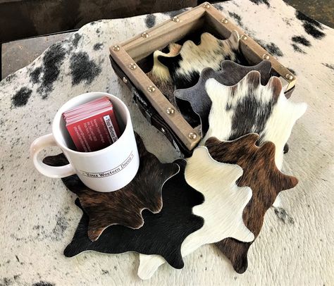 Barbed Wire Decor, Cowhide Coasters, Old West Decor, Western Living Room Decor, Leather Interior Design, Cowhide Decor, Crea Cuir, Coaster Projects, Western Crafts