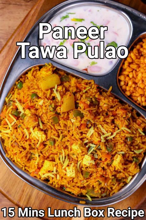 Paneer Tawa Pulao Recipe - Lunch Box Special | Tawa Paneer Pulav Paneer Pulao Recipe, Tawa Pulao Recipes, Tawa Pulao, Veg Dinner Recipes, Paneer Pulao, Lunch Recipes Indian, Pav Bhaji Masala, Paneer Dishes, Recipe Lunch