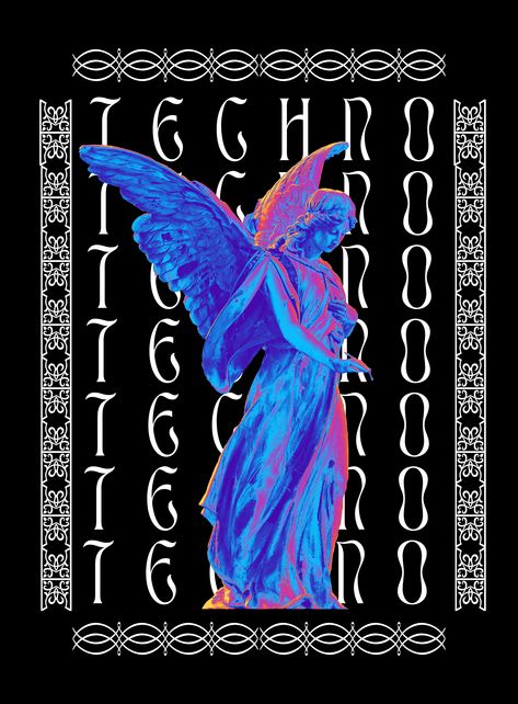 Marble angel statue in vibrant colors. The word techno repeats boldly on the back of the image. The background is black and the text is bold white. Techno Cover Art, Notion Grimoire, Techno Music Art, Techno Core, Techno Tshirt, Techno Logo, Techno Aesthetic, Grpahic Design, Techno Art