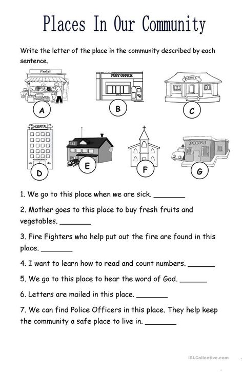 Community Worksheet, Economics For Kids, Community Helpers Worksheets, Places In The Community, Community Places, Kindergarten Social Studies, Cardinal Directions, Social Studies Worksheets, Free Kindergarten Worksheets