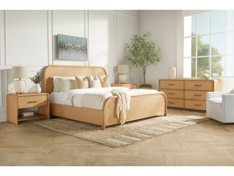 The Pauline Collection pairs rounded edges with rattan cane details for a look that is timeless. Pauline’s headboard and footboard showcase natural rattan, picture-framed by gently rounded wood. Each case piece echoes this design, with rounded corners and rattan drawer-fronts. The natural finish highlights movement in the ash veneer, complemented by subtle brushed brass hardware. Neutral Rattan Bedroom, Bedroom With Rattan Furniture, Cane Bedroom, Cane Dresser, Cane Nightstand, Dresser Oak, Rattan Bedroom, Jojo Fletcher, Hawaii House