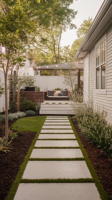 16 Backyard Walkway Ideas » HomeQly.com Side Yard Entrance Ideas, Low Maintenance Walkway Landscaping, Front Yard Walking Path Ideas, Driveway In Backyard, Pea Stone Walkway, Large Flagstone Walkway, Paver Patio Walkway, Path Around House, Lawn Pathway Ideas