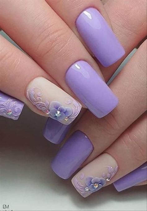 A fun and social girl's lifestyle destination dedicated to style, entertainment, love, and living beautifully. Purple Wedding Nails, Lilac Nails Design, Sweet 16 Nails, Nails With Flowers, Purple Nail Art Designs, Diamond Nail Designs, Light Purple Nails, Purple Manicure, Nails Elegant