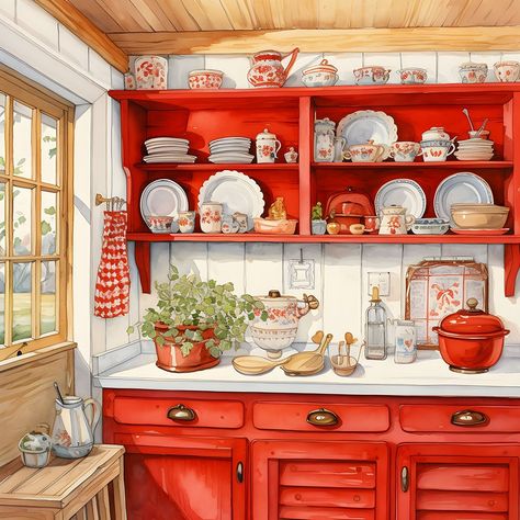 "Red Country Kitchen Clipart Bundle, 10 Vintage Watercolor images, great for all kinds of papercrafts. Use for junk journals, scrapbooking, wall art, invitations, cards and much more. These red country kitchen clipart images come in two sizes, 10\" x 10\" and 12\" x 12\". They also come in two formats, JPG and PDF. They are, of course, 300dpi. Just purchase and download to use them instantly. Enjoy the country charm of these inviting images, evoke the feel of a vintage farmhouse kitchen, warm with good cheer and good will." Red And White Kitchen Ideas, Country Red Kitchen, Red Gingham Kitchen, Kitchen Illustration Art, Red Country Kitchens, Nostalgic Kitchen, Country Farm Kitchen, Red Kitchens, Orange Window