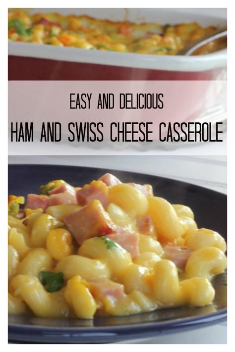 Easy and delicious ham and swiss cheese casserole. Comes together quick because you don't need to precook the noodles or the veggies. Delicious family favorite casserole. Swiss Cheese Recipes, Ham And Cheese Casserole, Family Favorite Casseroles, Ham Slices, School Menu, Ham And Swiss, Easy Ham, Favorite Casseroles, Baked Pasta