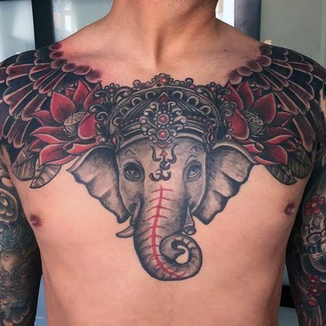 Elephant Chest Tattoo, Lord Ganesha Tattoo, Realistic Flower Tattoo, Ganesh Tattoo, God Ganesh, Worlds Best Tattoos, Ganesha Tattoo, Alien Tattoo, Shoulder Tattoos