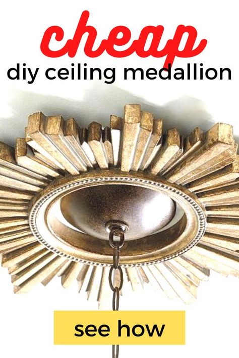 how to make a beautiful diy ceiling medallion for cheap. Repurpose a round mirror diy idea. Cheap and easy light fixture upgrade. #repurposemirror #lightfixtureupdatediy #diyceilingmedallion Round Mirror Diy, Diy Ceiling Medallion, Repurpose Mirror, Ceiling Medallions Diy, Ceiling Fan Medallion, Cheap Ceiling Ideas, Chandelier Makeover, French Country Chandelier, Country Chandelier