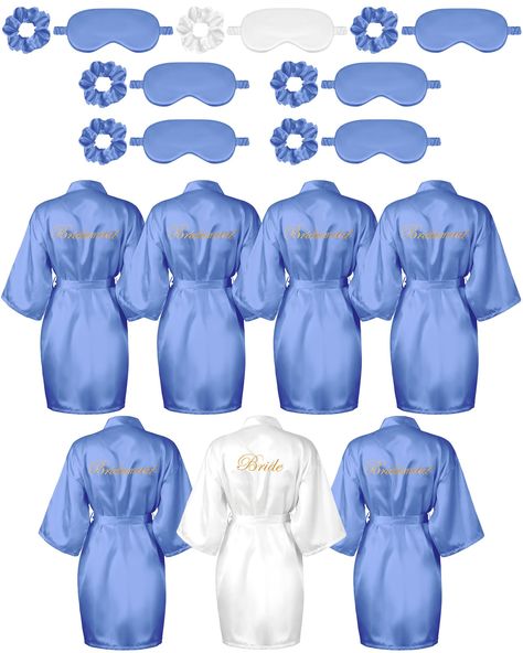 PRICES MAY VARY. Nice Combination Set: the package comes with 7 pieces of bridal party robes, including 1 bride embroidered robe and 6 bridesmaid robes, each gown comes with a matching eye mask and hair tie set in the same color, sufficient in quantities and styles to meet your requirement of using Soft and Comfortable: the bridesmaids robes, eye mask and hair ring are all made of quality satin fabric, which is soft and skin friendly; The inside of the eye mask is filled with 180 grams of silk c Wedding Day Robes Bridal Parties, Dr Wedding, Wedding Day Robes, Cobalt Wedding, Embroidered Robe, Baby Blue Weddings, Bridesmaids Proposal, Bridesmaids Robes, Sleeping Eye Mask