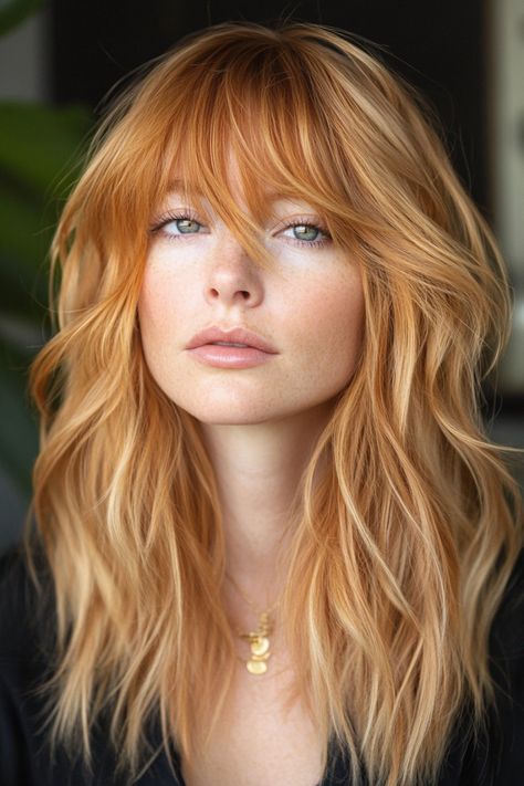 22 Stunning Strawberry Blonde Haircut Ideas That'll Make Heads Turn Strawberry Blonde Balayage Medium Length, Curtain Bangs Strawberry Blonde Hair, Strawberry Blonde Bob Hairstyles, Red Hair And Blonde Highlights, Strawberry Blonde Bob Hair, Strawberry Blonde Shag Haircut, Ginger Hair With Blonde Bangs, Strawberry Blonde With Bangs, Strawberry Blonde Hair With Bangs