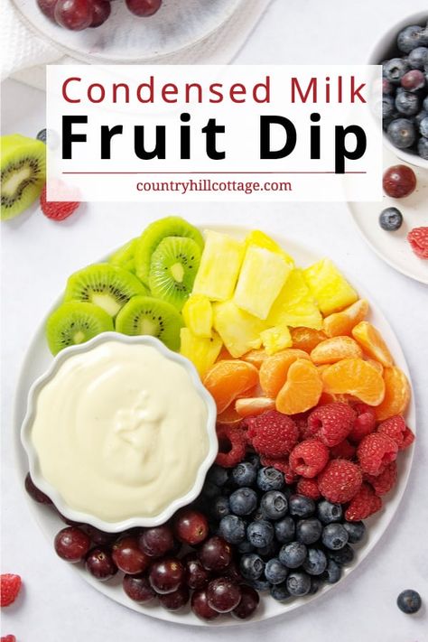 See how to make homemade Sweetened condensed milk fruit dip. It’s a tempting, simple and easy-to-make dessert that will leave everyone craving more. This DIY fruit dip without cream cheese or marshmallow fluff has a light sweetness and amazing creaminess. Thanks to luscious Greek yogurt, irresistible condensed milk, vanilla, and lemon, the fluffy 2-ingredient dessert dip is perfect to compliment fresh fruits and berries. The recipe is ready for dipping in minutes. | CountryHillCottage.com Condensed Milk Fruit Dip, Fruit Dip Without Cream Cheese, Strawberry Banana Cheesecake Salad, Easy Dessert Dips, Homemade Sweetened Condensed Milk, Easy Fruit Dip, Cream Cheese Fruit Dip, Milk Fruit, Fruit Dips Recipes