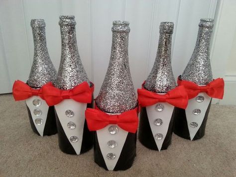 Tuxedo wine bottle centerpieces give a touch of elegance to any ... Tuxedo Party Centerpieces, Male Party Ideas, Men Centerpieces, Birthday Party Decorations For Men, Ideas Birthday Party, James Bond Party, Boys Dance, Wine Bottle Centerpieces, Birthday Decorations For Men