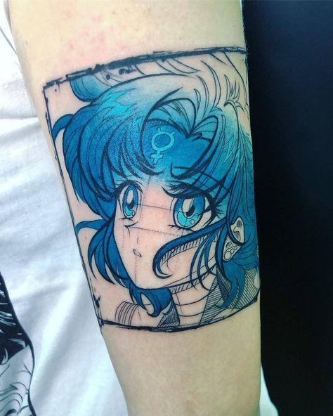 Sailor Mercury Tattoo, Mercury Tattoo, Sailor Moon Makeup, Sailor Moon Tattoo, Kawaii Tattoo, Anime Tattoo, Sailor Mercury, Anime Tattoos, Skin Art