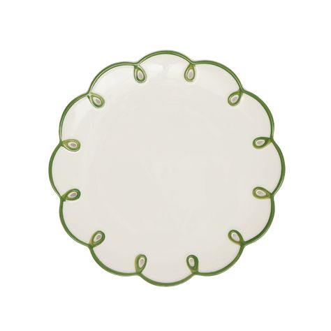 Maison Margaux’s refined home goods—tableware, candles, cutlery, glassware, bespoke accessories, and more—are sourced from all over the world to bring you the most unique pieces each season. Elevate any meal, be it an easy al fresco brunch or formal feast, with the Green Edged Scallop Starter Plate, Set of 4. Hand-crafted with a delicately undulating edge, they’re finished with a green trim. Product Details Set of 4. Ceramic. Care Instructions Dishwasher safe. Size & Fit 8.66" DIA Shipping Detai Scalloped Plates Table Setting, Scallop Starter, Starter Plates, Golf Collection, 로고 디자인, Scalloped Edge, Design Inspo, Unique Pieces, Home Goods