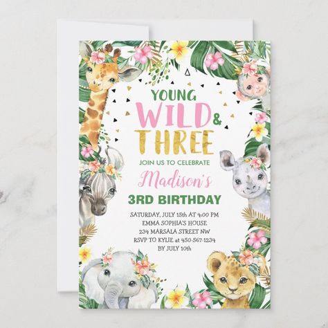 Young Wild & Three Safari Jungle Invitation Party Safari Birthday Party Girl, Jungle Safari Invitation, Wild 1 Birthday, One Birthday Invitations, Safari Birthday Invitations, Jungle Birthday Invitations, Safari Invitation, Jungle Invitations, Pink Gold Party