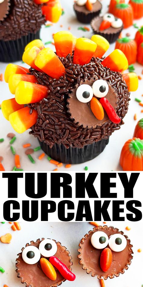 TURKEY CUPCAKES RECIPE- Quick and easy, homemade with simple ingredients. These Thanksgiving cupcakes are decorated with chocolate icing, sprinkles, candy corns and mini peanut butter cups. From CakeWhiz. Thanksgiving Turkey Treats, Desserts Pie, Thanksgiving Desserts Kids, School Cupcakes, Turkey Cupcakes, Desserts Cupcakes, Food Thanksgiving, Thanksgiving Cupcakes, Turkey Treats