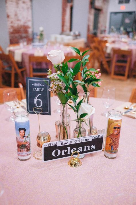 New Orleans Wedding Table Decor, New Orleans Wedding Theme Receptions Centerpiece Ideas, New Orleans Centerpieces, New Orleans Wedding Favors, New Orleans Theme Party, New Orleans Wedding Theme, Blush Pink Table, Prom Committee, Cocktail Table Decor