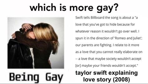 Which Is More Gay, Love Story Taylor Swift, Love Story Taylor, Gay Memes, Taylor Swift Funny, Red Taylor, Music People, Taylor Swift 13, Music Memes