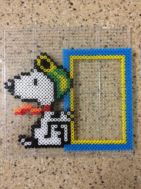 Snoopy switch cover # perler beads Perler Bead Light Switch Cover, Peanuts Perler Beads, Perler Light Switch Cover, Perler Bead Light Switch Frames, Perler Bead Picture Frames, Snoopy Perler Beads, Perler Frame, Snoopy Perler, Melt Beads