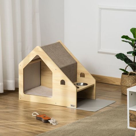 Vos Adorables Chiens Ou Chats Apprécieront À Coup Sûr Cette Niche Intérieure Pawhut. Cette Niche À La Forme De Maisonnette Deviendra Vite Un Véritable Refuge Pour Votre Animal. Très Commode D'avoir Ses Deux Gamelles Toujours À Côté De Lui, Disposées Sur Un Bloc De Bois Solide Et Stable. On Aime L'aspect Naturel Et Authentique De Cette Niche. Vous Prendrez Plaisir À Voir Trôner Cette Petite Maison Dans Votre Séjour Ou Votre Chambre. Caractéristiques : - Cette Niche À L'aspect Naturel Et Authenti… Chat Design, Plywood Design, New Project Ideas, Cat House Diy, Duck House, Dog House Diy, Wooden Toys Plans, Furniture Details Design, Wooden Bedside Table