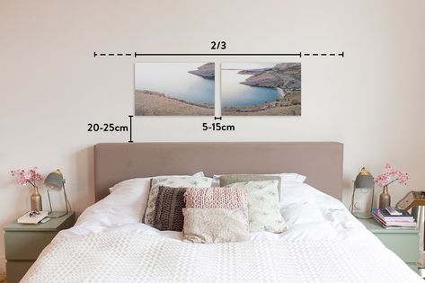 How To Hang Art Above Bed, Pictures Over Bed, Pictures Above Bed, Hanging Pictures On The Wall, Wall Art Size Guide, Interior Design Yellow, Art Size Guide, Wall Behind Bed, Art Above Bed