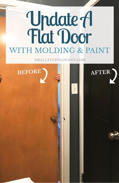 Here's a DIY door tutorial to take your interior doors to the next level. This is an easy way to update a flat door using trim and minimum tools. I love the picture frame molding she added to her door, and the transformation from an ugly pine door to a stunning black door is incredible! Love that she chose to paint it black. Paint Inside Door, Update Interior Doors, Painting Interior Doors Black, Diy Interior Doors, Flat Door, Painted Interior Doors, Old Wood Doors, Trim Paint, Black Interior Doors