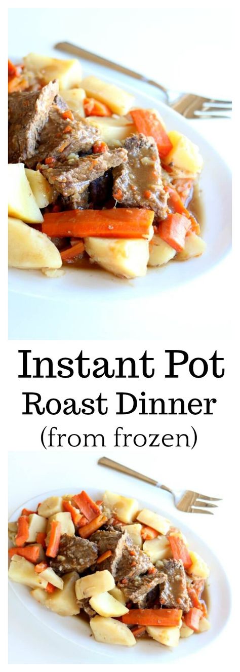 Instant Pot 5-Ingredient Pot Roast Dinner–a chuck roast is cooked until moist and tender in an hour in your Instant Pot (mine was frozen!) along with seasoned vegetables. The meal is finished off with homemade gravy. #instantpot Frozen Roast, Pot Roast Dinner, Instant Pot Roast, Seasoned Vegetables, Pressure Cooking Today, Homemade Gravy, Roast Dinner, Instant Pot Dinner Recipes, Chuck Roast