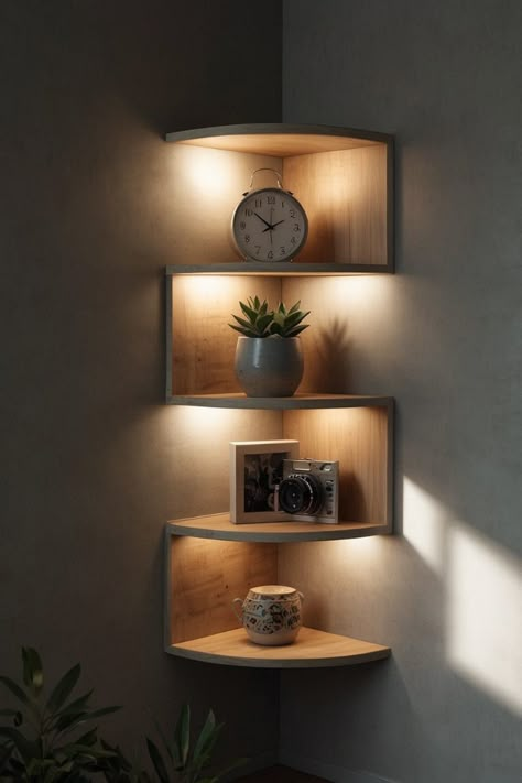 Maximize your space and declutter your home with these stylish corner shelves! Made from high-quality MDF for durability, these shelves are perfect for displaying books, plants, photos, or other decorative items. The five tiers provide ample storage space, and the modern design complements any décor. Easy to mount and available in a variety of colors, these corner shelves are a versatile storage solution for any room in your home.   #cornershelves #wallmountedshelves #modernshelves #homestorage #interiordesign #decor #shelfie #plantshelf #bookshelf #organizing Wall Corner Shelf Design, Corner Room Shelves, Wooden Corner Shelves Living Room, Room Decor With Bookshelves, Shelves For Corners, Shelf Decor In Bedroom, Corner Shelves Living Room Modern, Tv Corner In Bedroom, Corner Shelf In Bedroom