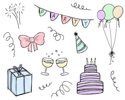 Cute doodle party set hand drawn birthda... | Premium Vector #Freepik #vector #birthday-doodle #party-doodle #kids-doodle #birthday-cartoon Birthday Doodles Hand Drawn, Birthday Cartoon Drawing, Celebration Doodles, Party Doodles, Cute Party Ideas, Annotation Book, Work Anniversary Cards, Birthday Doodles, Disney Coloring Pages Printables