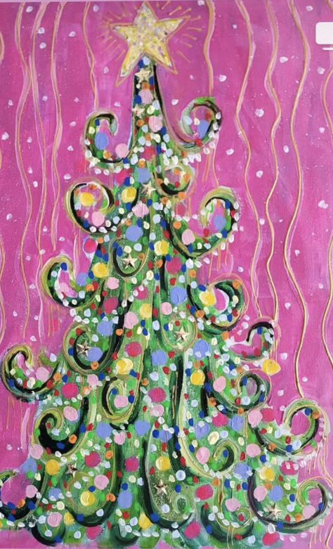 Whimsical Art Christmas, Charlie Brown Christmas Tree Painting, Girly Christmas Paintings, Whimsical Christmas Tree Art, Artist Christmas Tree, Pink Christmas Tree Painting, Oil Pastel Art Christmas, Whimsical Christmas Paintings, Christmas Tree Painting Ideas