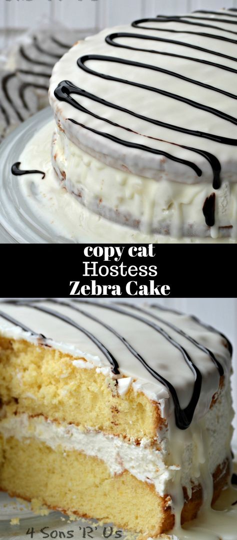 Copy Cat Hostess Zebra Cake - 4 Sons 'R' Us Copycat Zebra Cakes, Homemade Zebra Cakes, Zebra Cake Birthday, Copycat Little Debbie, Zebra Cake Recipe, Yellow Cakes, Whipped Cream Filling, Zebra Cakes, Cake Treats