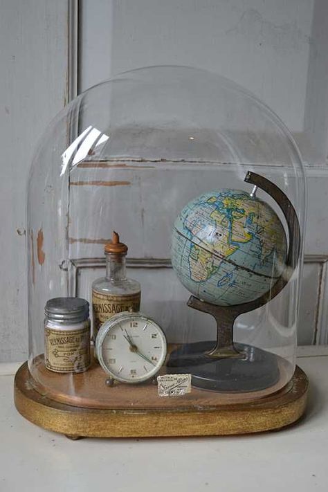 Cloche Ideas, Cloche Decor, Cloche Domes, Under The Dome, World Globes, A Globe, Map Globe, Glass Cloche, Shabby Chic Christmas