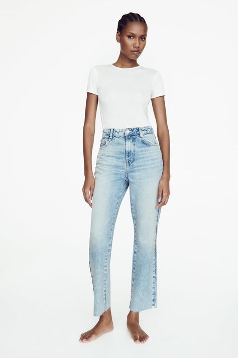 HIGH RISE Z1975 STRAIGHT LEG ANKLE-GRAZER JEANS - Mid-blue | ZARA Canada Light Wash Straight Leg Jeans, Ankle Grazer Jeans, Ankle Length Jeans, Metal Buttons, Stretch Jeans, Cropped Jeans, High Waist Jeans, Ankle Length, Straight Leg Jeans