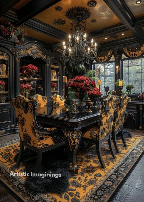 Goth Dining Room, Dramatic Decor, Gothic Dining Room, Dark Academia Interior, Dining Room Victorian, Storybook House, Bohemian Dining Room, Southern Plantations, Speak Easy