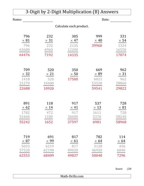 The Multiplying 3-Digit by 2-Digit Numbers (B) math worksheet page 2 Easter Math Worksheets, Money Math Worksheets, Multiplication Word Problems, Math Drills, Math Subtraction, Multiplication Practice, Math Charts, Multiplication Worksheets, Printable Math Worksheets