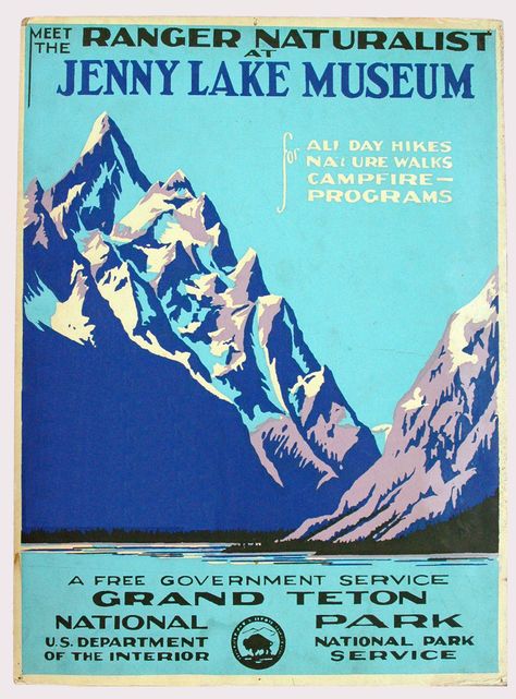 “That such mountains and glaciers, lakes and canyons, forests and waterfalls were to be found in this country was a revelation to many who had… U2 Poster, Mountain Invitation, Vintage National Park Posters, Jenny Lake, Wpa Posters, Park Ranger, National Park Posters, Us National Parks, Photo Vintage