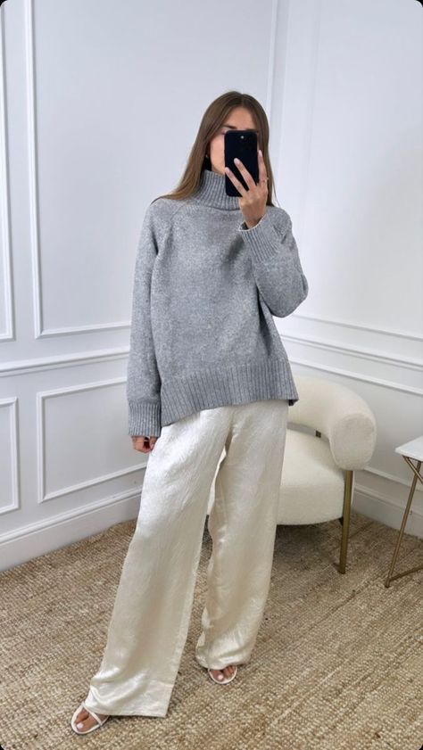 Silk trousers and knit Silk Pants Winter Outfit, Silk Winter Outfit, Satin Pants Outfit Winter, Silk Pants Outfit, Satin Pants Outfit, Mum Style, Christmas Eve Outfit, Baddie Vibes, Cozy Wear