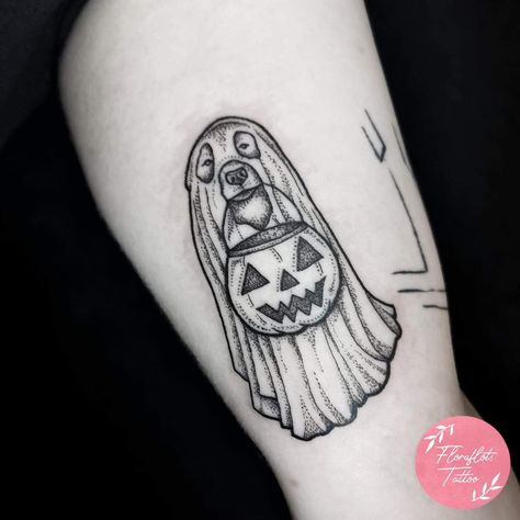 Dog Halloween Tattoo, Spooky Dog Tattoo, Halloween Dog Tattoo, Girly Halloween Tattoos, Ghost Dog Tattoo, Simple Spooky Tattoos, Spooky Tattoo Ideas, Goth Tattoo, Ghost Tattoo