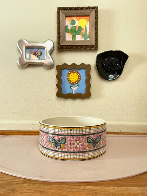 Mini gallery wall made using small tabletop frames. Gallery Wall For Dog, Pet Gallery Wall, Dog Gallery Wall, Mini Gallery Wall, Dog Food Station, Cat Food Dish, Mini Gallery, Eclectic Style Decor, Tabletop Picture Frames