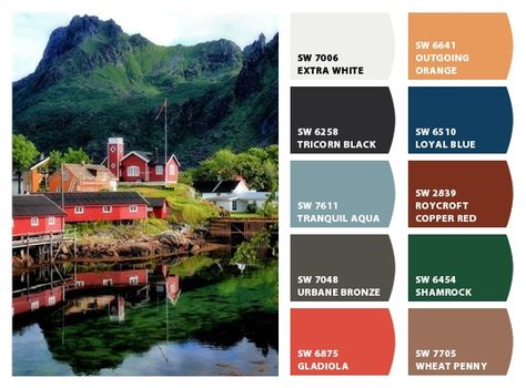 Norwegian Village Inspiration for exterior home color palette and landscape colors/textures Chip It! by Sherwin-Williams – Home Sweden Color Palette, Norwegian Color Palette, Swedish Color Palette, Norwegian Village, Norway Poster, Hygge Winter, Home Color Palette, Norwegian House, Village Design