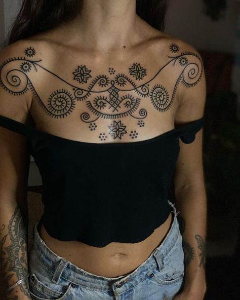 Pattern Work Tattoo, Folk Chest Tattoo, Ornate Chest Tattoo, Chest Adornment Tattoo, Ornamental Tattoo Chest Women, Geometric Chest Tattoo Female, Thick Ornamental Tattoo, Ornamental Chest Piece, Ornamental Rib Tattoo