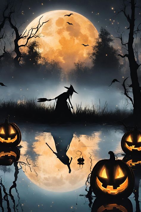 Floating Jack O' Lanterns, full moon, Halloween witch in background. Full Moon Witch Pictures, Full Moon Halloween, Witch Pictures, Moon Halloween, Halloween 5, 2024 Halloween, Halloween Moon, Moon Witch, Moon Rock